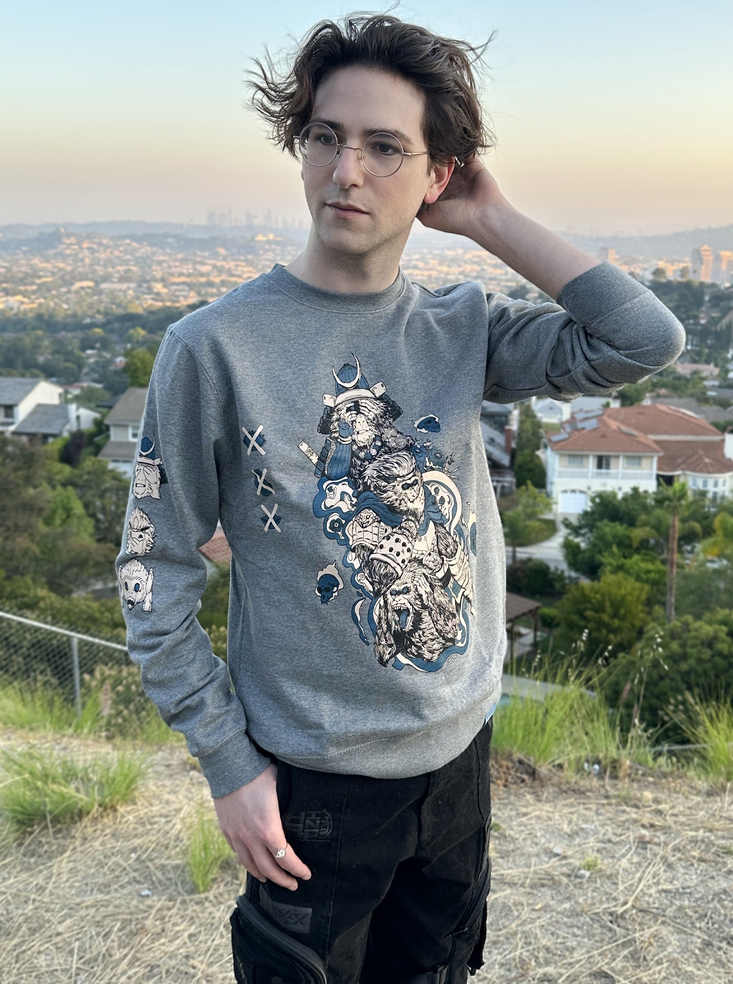 "NO EVIL HERE (Gray & Blue Skulls)" Crew Neck Sweatshirt